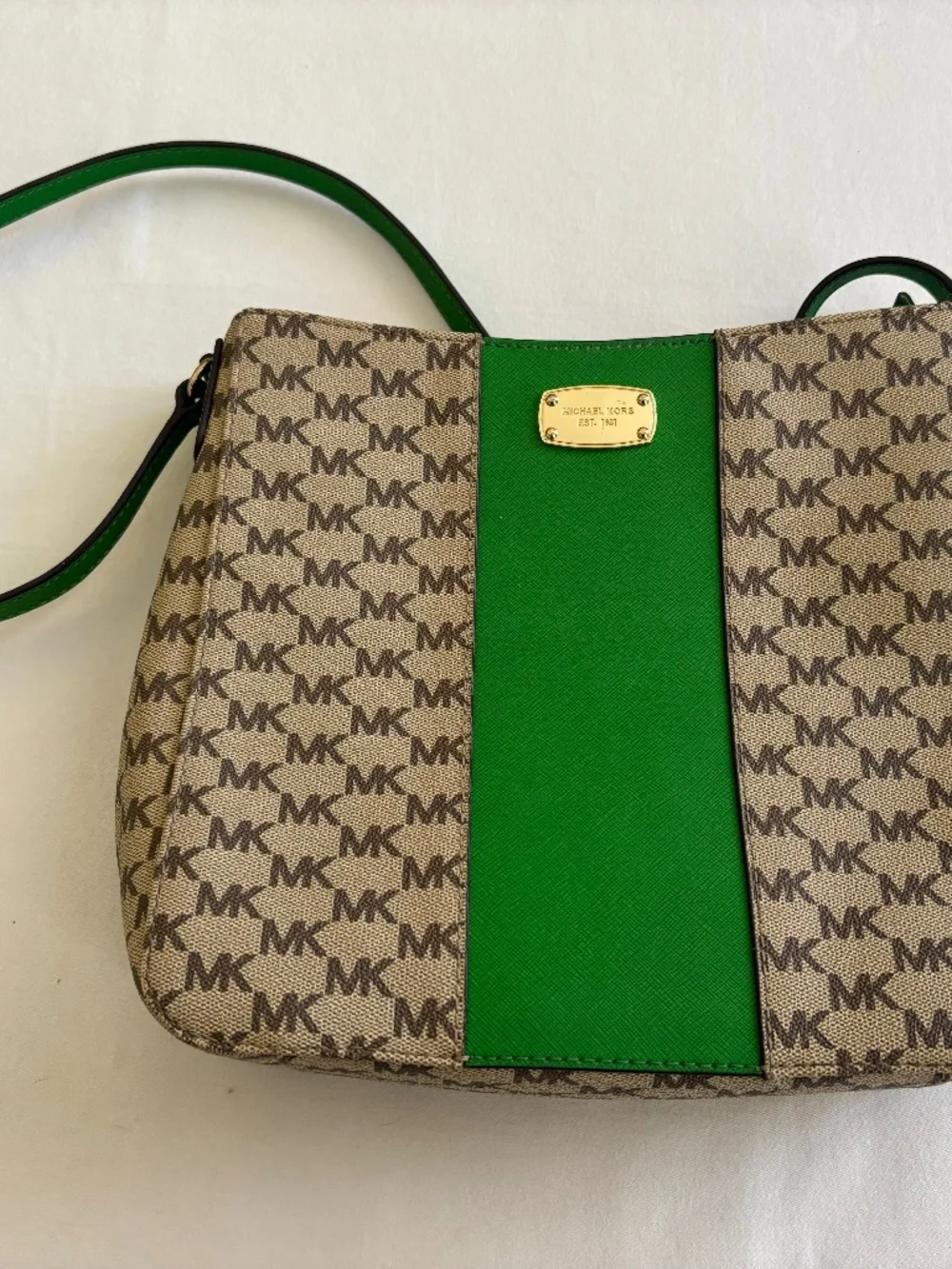 Michael Kors MK Signature Crossbody Shoulder Bag – Beige & Green – Gold Hardware